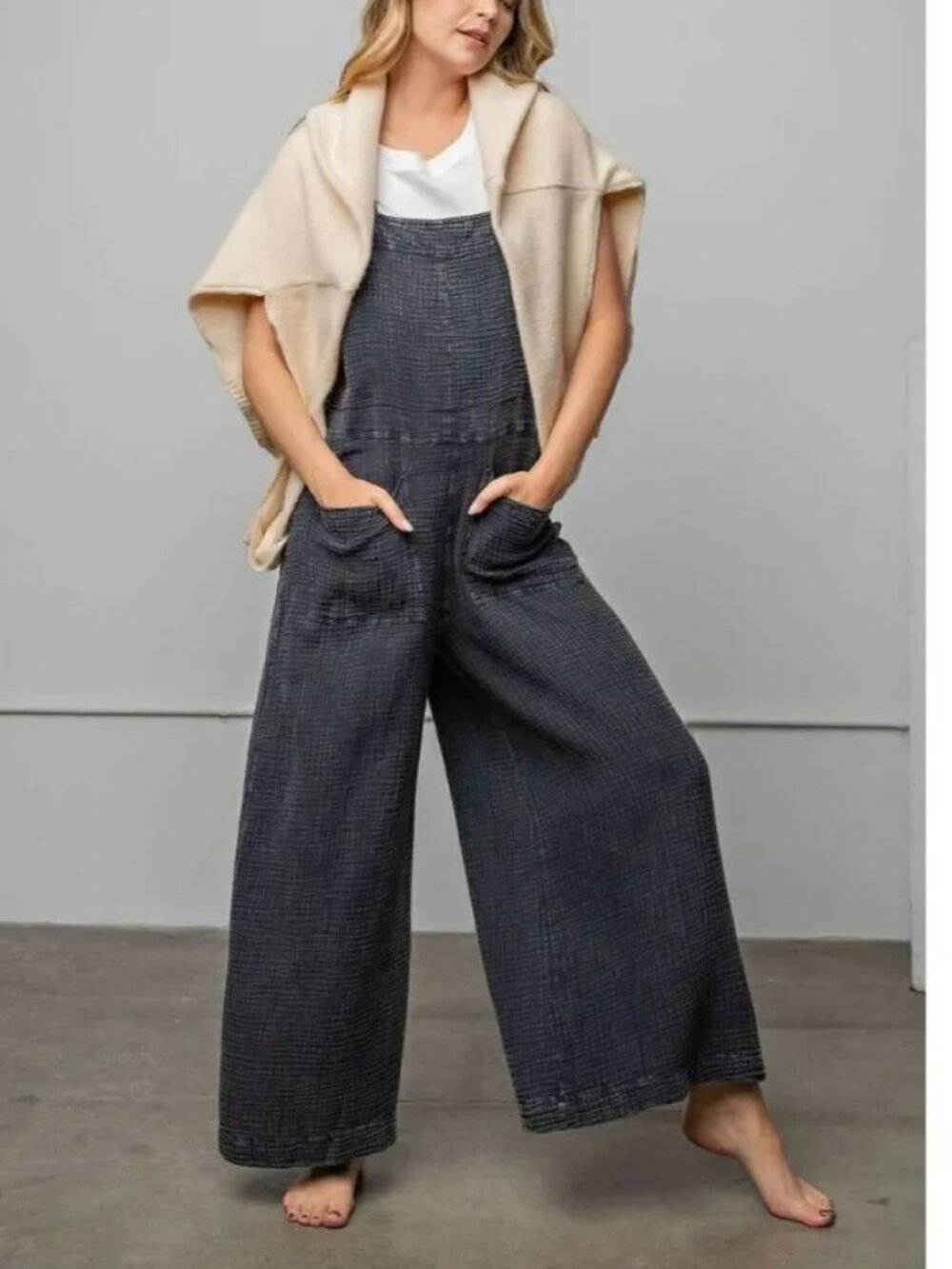 EASEL Washed Black Cotton Jumpsuit Overalls Wide Leg Pants Boho Size Medium